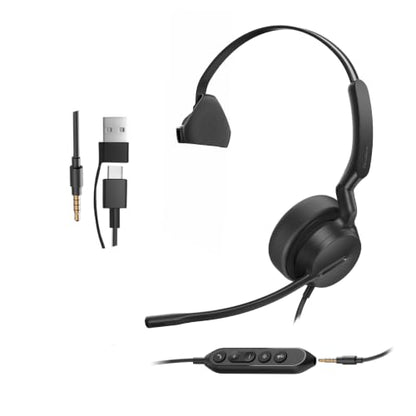 Yealink UH42 SE Wired Headset, USB-A/C & 3.5mm,in-Line Controls, On-Ear | Single-Ear Headphones, Teams/Zoom Certified, Noise Cancelling Mic, PC/Laptop/Phone, 7ft Cable, Call Center, WHF, Dynamic EQ - color: Single-Ear, size: 3.5mm & USB-C/A