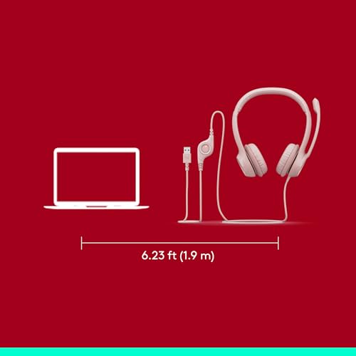 Logitech H390 Wired Headset PC/Laptop Stereo Headphones, USB-A, Rose | For PC/Laptop, Stereo, USB-A, In-Line Controls, Works with Chromebook - color: Rose, style: USB-A