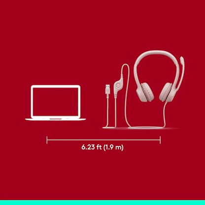 Logitech H390 Wired Headset PC/Laptop Stereo Headphones, USB-A, Rose | For PC/Laptop, Stereo, USB-A, In-Line Controls, Works with Chromebook - color: Rose, style: USB-A