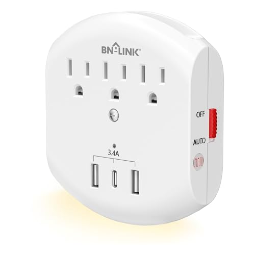 BN-LINK 3-Outlet Extender, Multi Plug Outlets with 3 USB Ports (3.4A Total), Dusk-to-Dawn Sensor Night Light, Surge Protector with Top Phone Holder, for Traveling, Home, School, Office - size: 3 Outlets - Night Light (USB)