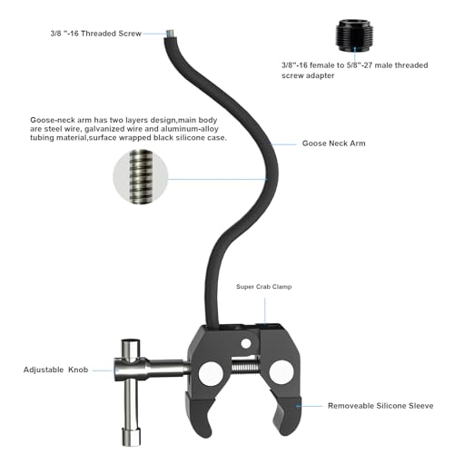 Mippko Gooseneck Microphone Stand,19.69" Flexible Adjustable Arm Super Crab Clamp Mic Clip 3/8"-16 to 5/8"-27 Adapter Mount,Compatible with Shure/Fifine / AT2020 / Pyle/Blue Snowball/Razer - style: Gooseneck Microphone Stand