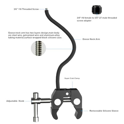 Mippko Gooseneck Microphone Stand,19.69" Flexible Adjustable Arm Super Crab Clamp Mic Clip 3/8"-16 to 5/8"-27 Adapter Mount,Compatible with Shure/Fifine / AT2020 / Pyle/Blue Snowball/Razer - style: Gooseneck Microphone Stand