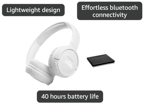 JBL Tune 510BT Wireless On-Ear Headphones with Pure Bass Sound, 40 Hours Battery, Fast Charging, Built-in Microphone, Bluetooth Connectivity, Lightweight Foldable Design, Includes Cloth