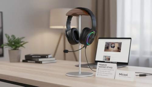 Micool Headphone Stand, Aluminum & Wood Holder with Heavy Stable Base, Universal Gaming Headset Stand for Desk, Compatible with All Over-Ear Headphones