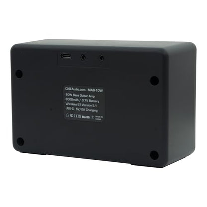 Rechargeable Wireless BT Mini Bass Guitar Amplifier 10 Watt Practice Amp 10,000Ah Battery, BT or Aux Input, Headphone Out, Clean, Gain, Tone & Volume Knobs, Dual Full Frequency Speakers