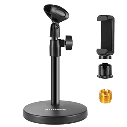 3 in 1 Desktop Microphone Stand, Height Adjustable Table Mic Stand | Iron material, 1lbs Round Base, with Mic Clip, Cell Phone Clip, 5/8" to 3/8" Metal Adapter for Podcast Livestream Recording - size: 101S