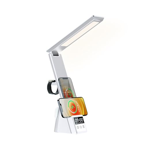 IHAO 6in1 Multifunctional Foldable LED Desk Lamp with Wireless Charger Digital Alarm Clock Eye-Care Lighting 3 Color Modes 15W Qi Charger for Phone/Headphones Compatible with iWatch Charger-N61 White - color: Multi Funcitonal Alarm Clock N61 White