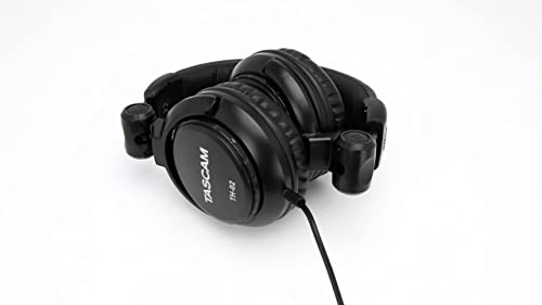 TASCAM TH-02 Professional Studio Monitor Headphones, Wired, Over Ear — for Recording, Podcast, DJ, Music and Guitar, with 1/4 Inch Jack Adapter