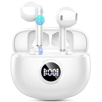 Wireless Earbuds, Bluetooth Headphones, Stereo Bass Ear Buds with ENC Noise Cancelling Mics, Bluetooth Earbuds with LED Display Charging Case, IP7 Waterproof Earphones for Android iOS/Light white - color: light white