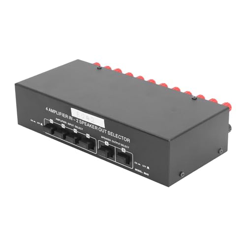 Passive Selector Switch 4 Amplifier in 2 Speaker Out Audio Selector Box, Manual Button Switch for Stereo System, 300W per Channel, Aluminum Alloy Housing with Banana Plug