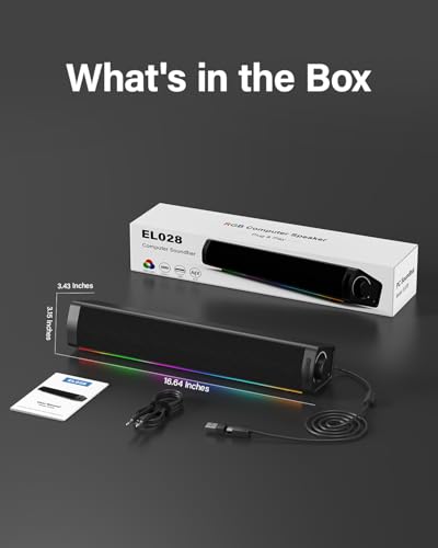 Computer Speakers for Desktop PC, RGB Gaming Soundbar with 3 Sound Modes | Desktop Monitor Speakers with Enhanced Bass, Headphone Jack, and USB-C/USB-A adapter for Windows, Mac, and PS5. Plug and Play