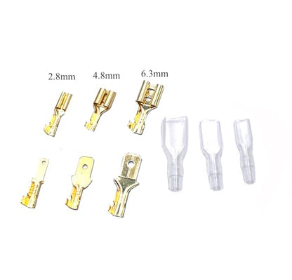 630 Pcs 2.8/4.8/6.3mm Speaker Wire Connectors with Insulating Sleeve, Quick Splice Male and Female Spade Terminal Assortment Kit for Electrical Wiring, Silver and Gold Each 315Pcs