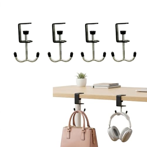 4 Pack Adjustable Under Desk Hooks, Universal Bag Hanger Fits Most Table Thickness, 100LB Capacity Heavy-Duty Dual Hook for Purse, Backpack, Office Home (Black) - color: Black