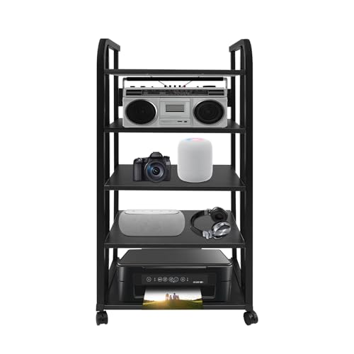 5 Tier Rolling AV Media Stand, Corner Audio Video Equipment Rack with Locking Wheels, Adjustable Shelves for Stereo Receiver Speakers and TV Components, Black