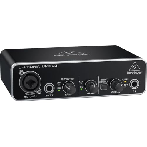 Behringer UMC22 Audiophile 2x2, 48 kHz USB Audio Interface with Midas Mic Preamplifier | For Recording Microphones and Instruments - size: Small