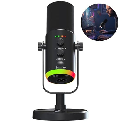 OMISTAR XLR/USB Dynamic RGB Microphone, PC Microphone with Noise Reduction, Volume Control, Mute Function, Metal Build, Easy-Mount Base for Gaming, Recording, Streaming