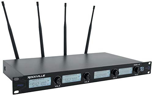 Rockville RWM-4Z Quad Wireless UHF Handheld/Headset Microphone System | 20 Channel, 2 Handheld Mics, 2 Headsets, 2 Bodypacks, Rack Mount Receiver, XLR Outputs, 400 Ft Range, 10-Hour Battery