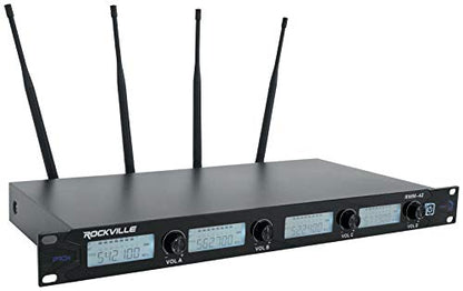Rockville RWM-4Z Quad Wireless UHF Handheld/Headset Microphone System | 20 Channel, 2 Handheld Mics, 2 Headsets, 2 Bodypacks, Rack Mount Receiver, XLR Outputs, 400 Ft Range, 10-Hour Battery