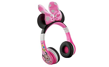eKids Minnie Mouse Kids Bluetooth Headphones, Wireless with Microphone Includes Aux Cord, Volume Reduced Foldable Headphones for School, Home, or Travel, Pink | Reduced Volume and Built-in Microphone