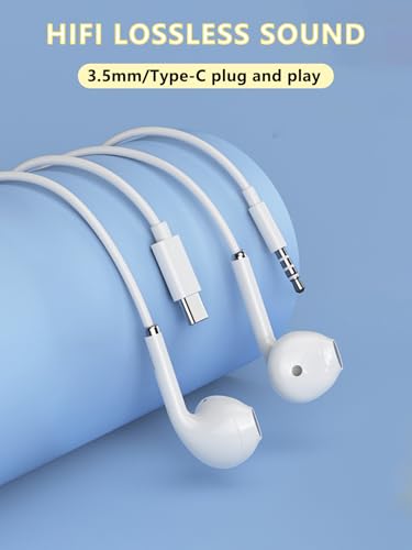 Wired Earphones with Volume Control, White, 3.5mm Jack&USB-C, Built-in Microphone, Stereo Sound, Compatible with Mobile Devices Suitable for iPhone, Samsung, Computers, laptops, and Students (USB-c)