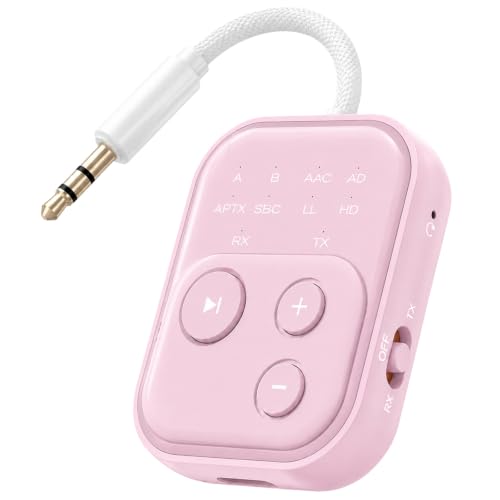 Bluetooth 6.0 Audio Transmitter Receiver, Airplane Bluetooth Adapter, Pink | Dual Link for 2 Headphones, Qualcomm aptX LL, HD, 3.5mm AUX Audio Transmitter for Flight Trave, Gym, Low Latency - color: Pink