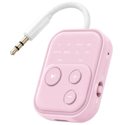 Bluetooth 6.0 Audio Transmitter Receiver, Airplane Bluetooth Adapter, Pink | Dual Link for 2 Headphones, Qualcomm aptX LL, HD, 3.5mm AUX Audio Transmitter for Flight Trave, Gym, Low Latency - color: Pink