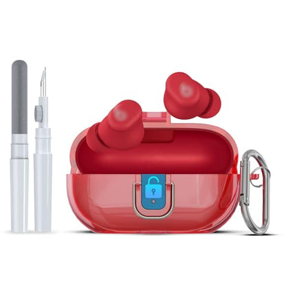 [Upgrade Secure Lock] for Beats Solo Buds 2024 Case Cover with Cleaner Kit, AGENTNANO Clear TPU Shockproof Protective Cover Compatible with Beats Solo Buds Charging Case with Carabiner-Clear Red - color: Clear Red