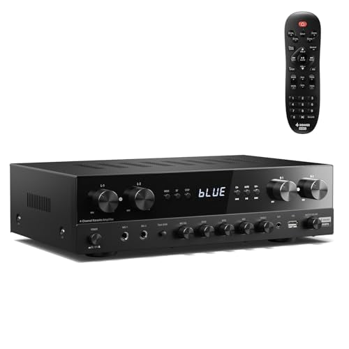 Donner Stereo Receivers Home Audio Amplifier, Premium 1000W Peak Power 4 Channel Amplifier with Bluetooth 5.3, USB, FM, 2 Mic-in, Echo, RCA, Optical/Coaxial Input for Home, Karaoke, Theater Speakers - size: 1000W
