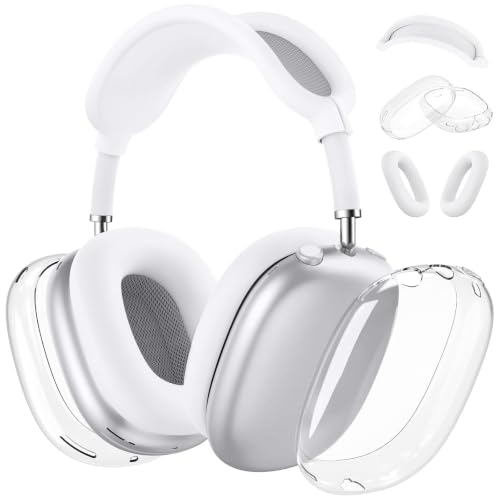 MOLOPPO 3 in 1 Case Cover Compatible with AirPods Max 2/1 2024/2020, White | Anti-scratch Clear Soft TPU Ear Cups /Silicone Ear Pad Case /Headband Cover for AirPods Max, Transparent Accessories for Max - color: A1-Clear+White