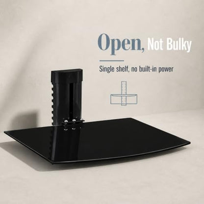 Mount-It! Floating TV Shelf, Tempered Glass, Aluminum Frame, Black - style: 1-shelf