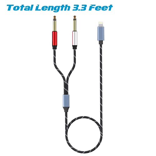 Lightning to Dual 6.35mm 1/4" TS Mono Stereo Y-Cable Splitter Lightning to Dual 1/4 inch Audio Cable Compatible for iPhone12/11/X/XS/XR/8/7/iPad,Amplifier, Speaker, Headphone, Mixing Console 3.3FT - size: 3.3 ft, style: Lightning (Dual 6.35mm cable)