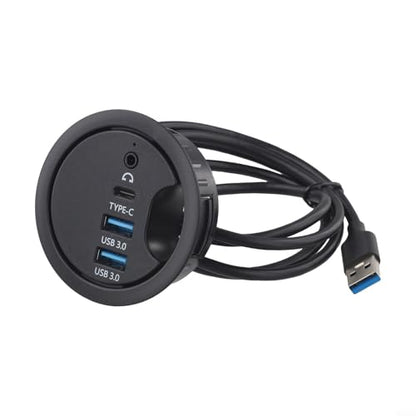 USB 3.0 Desk Grommet Hub with Dual Port Audio Interface for Headphones and Microphones, Compact Cable Organizer and Plug-and-Play Connectivity for Desktop PC and Laptop Workstations