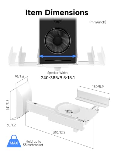 suptek Large Dual Side Clamping Bookshelf Speaker Wall Mounting Bracket for Large Surrounding Sound Speakers, Hold up to 55lbs White SPM201LW - size: Large--white