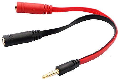 3.5mm Audio Y Splitter Cable 4-Pole 3.5mm AUX Male to 2x3.5mm Female Headset Mic & Stereo Y Splitter Cable for PC Computer Y Splitter Audio Flat Cable(20CM)(Red, Black) - color: Red, Black