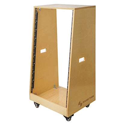 Sound Town DIY Solid Baltic Birch Plywood Slanted 20U Studio Rack, Golden Oak, with Rubber Feet, Casters (SDRK-20T) - size: 20U,Golden Oak