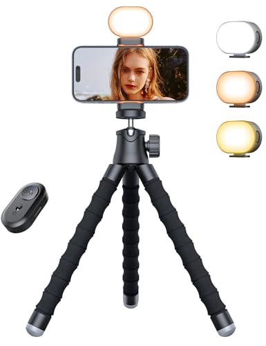 Phone Tripod with Light & Remote, 360° Rotating for Travel Use | LED light with 3 brightness levels, Fits smartphones & cameras. Great for tabletop & travel. - style: 13.4'' Black