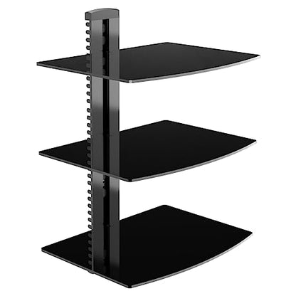 DVD Floating Shelf, Glass TV Wall Mount with Shelf for DVD Player / PS4 / Cable Boxes / Game Consoles / Sky Box / TV Accessories, Media Shelf, Flat Black Wall Mount Bracket, AV Shelves, 3 Tiers CS303B - size: 3 Shelves