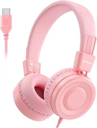 USB Type C On-Ear Kids Headphone for School-Light Pink | 94 dB Volume Limiter USB C Wired On-Ear Headset for Kids/Toddlers/Children/Teens/Boys/Girls