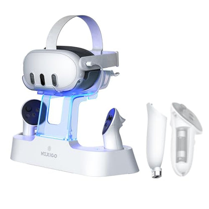NexiGo Charging Dock for Oculus Quest 3 and 2 with LED Light [On/Off], [Support Elite Strap with Battery], Headset Display Holder and Controller Mount, 2 Rechargeable Batteries