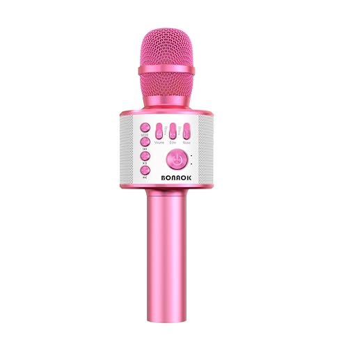 BONAOK Wireless Bluetooth Karaoke Microphone,3-in-1 Portable Handheld Karaoke Mic Speaker Machine Home Party Birthday for All Smartphones PC（Light Pink） - color: Light Pink