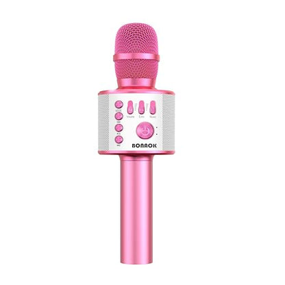 BONAOK Bluetooth Karaoke Microphone, Portable Mic for Adults Kids | Bluetooth 5.0, Echo Mode,Built-in Speaker, SD Card, for iPhone iPad, Handheld,Home Karaoke,Party,Gifts - color: Light Pink