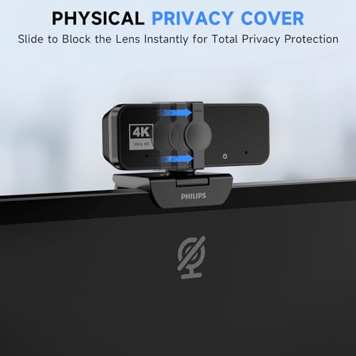 PHILIPS 4K Webcam for PC with Microphone, Computer Camera for Meetings with Privacy Cover, Plug & Play USB Web cam for Laptop, Desktop, Zoom, Teams, Skype, Video Conferencing, Streaming - Black | Plug & Play USB Web cam with Privacy Cover, for Laptop, Des