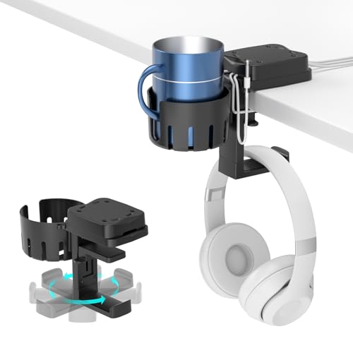 KDD 3 in 1 Headphone Hanger with Cup Holder - Rotatable Headset Hook & Desk Cord Organizer - Suitable for Coffee Mups, Water Cups, Headphone, Charging Cables, Home & Office
