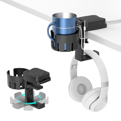 KDD 3 in 1 Headphone Hanger with Cup Holder - Rotatable Headset Hook & Desk Cord Organizer - Suitable for Coffee Mups, Water Cups, Headphone, Charging Cables, Home & Office