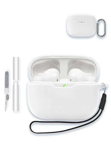 Case for JBL Vibe Beam 2/Vibe Beam - True Wireless Noise Cancelling Earbuds, Soft Silicone Protective Portable Scratch Shock Resistant Shell with Cleaner Kit & Carabiner & Lanyard，White - color: WHITE
