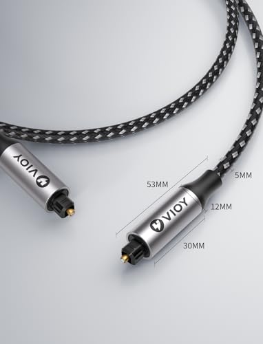 VIOY Optical Audio Cable 10 FT, TOSLINK Digital S/PDIF Fiber Optic Cord | Nylon braided, gold-plated Toslink plug with dust cap, supports 5.1/7.1 surround sound for TV, soundbar, and game console - size: 10FT