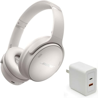 Bose QuietComfort Headphones Bundle with Fast Charger - Wireless Bluetooth Over-Ear Noise Cancelling Headphones with Mic, USB-C Charging, Deep Bass, Up to 24 Hours Playtime (White) - color: White