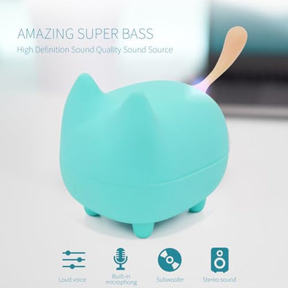 Cute Cat Bluetooth Speaker Mini Portable Wireless Stereo for PC Travel Gift | Cat-shaped silicone tail, 40H playtime, TWS pairing, hands-free mic, BT5.3,perfect home/office/outdoor/gifts - color: Green