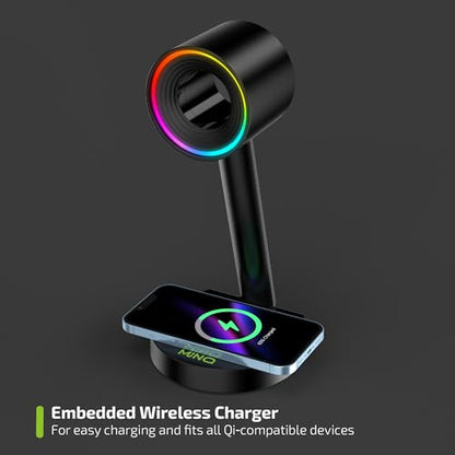 MINQ RGB Ring Shape Headphones Stand for Desk - Wireless Phone Charger Stand - Gamer Headset Stand, Airpod Max Stand - USB, USB C Charging & Aux - Perfect Gaming Accessories - Black