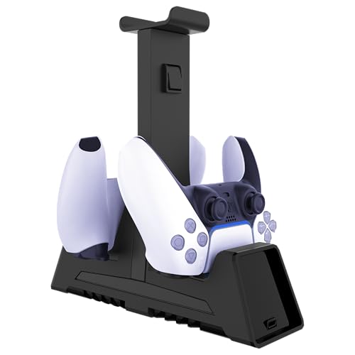 Charging Station for Xbox Series X, S, Xbox Elite, Xbox One, PS5, PS4 Controllers Dual Charger with Headphone Stand (Black with Green LED Glow) Includes Rechargeable Battery Pack